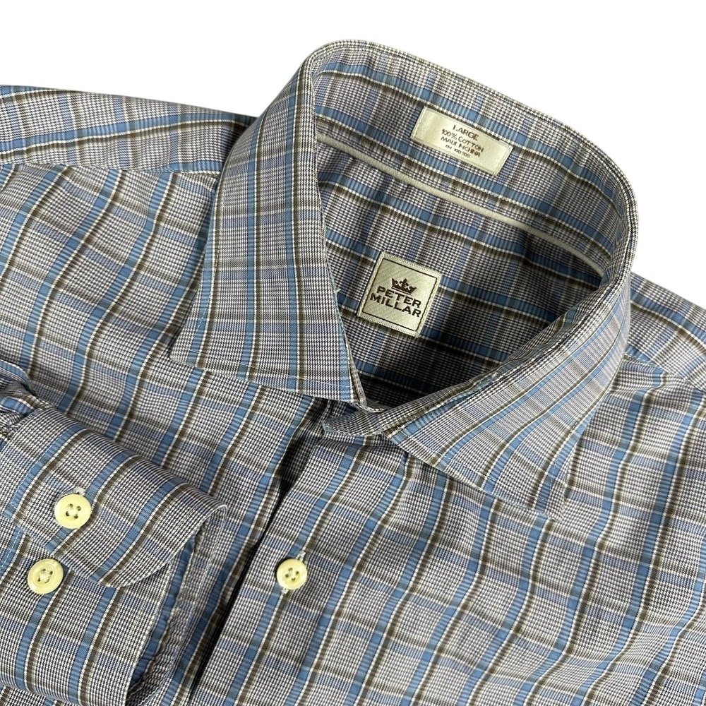 Peter Millar Large Mens Blue Plaid Long Sleeve‎ Button Up Shirt Cotton